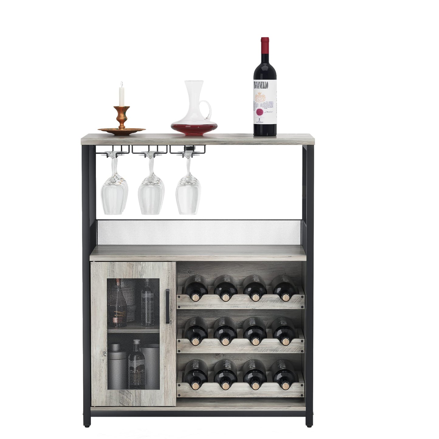 IDEALHOUSE 3-Tier Wine Bar Cabinet with Detachable Wine Rack and Storage Space, Buffet Cabinet with Glass Holder and Mesh Door, for Kitchen, Living Room and Bar (Gray) - WoodArtSupply