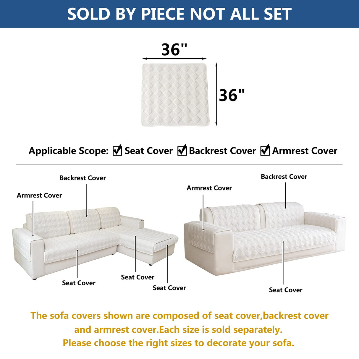 Eismodra Sectional Couch Covers,L Shape Sofa Slipcover Furniture Protector for Dogs Cats Pet Chaise Lounge 3 Cushion Couch Loveseat,White 36 x 36 inches (Only 1 Piece) Eismodra