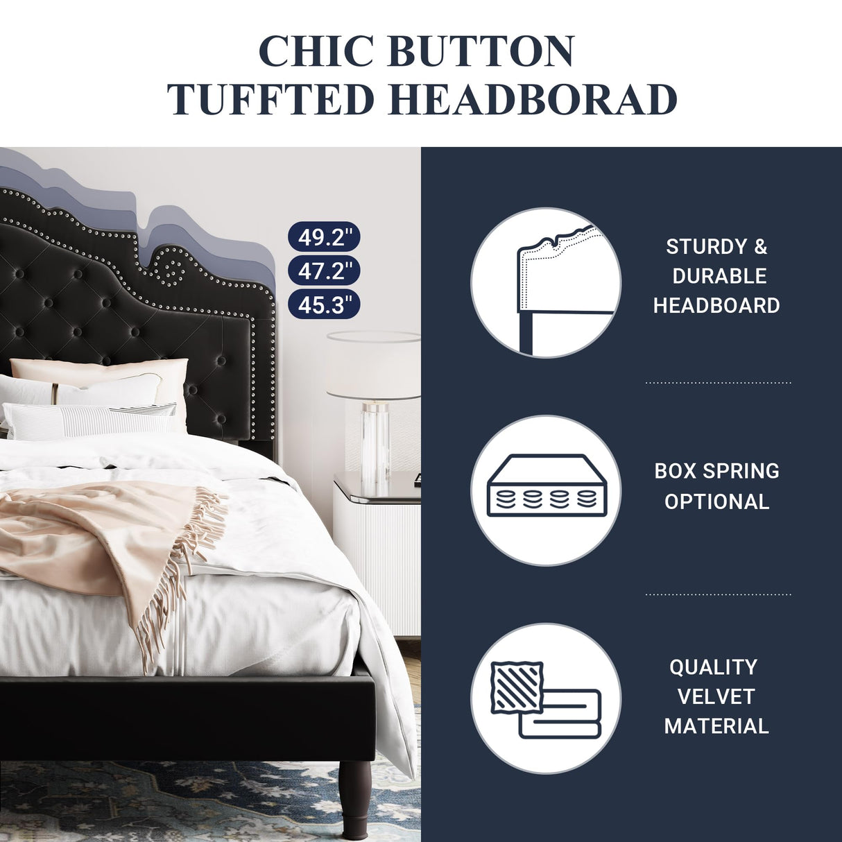 Allewie Full Size Platform Bed Frame with Adjustable Velvet Tiara Headboard, Upholstered Diamond Button Tufted, Wood Slats Support, No Box Spring Needed, Black Allewie