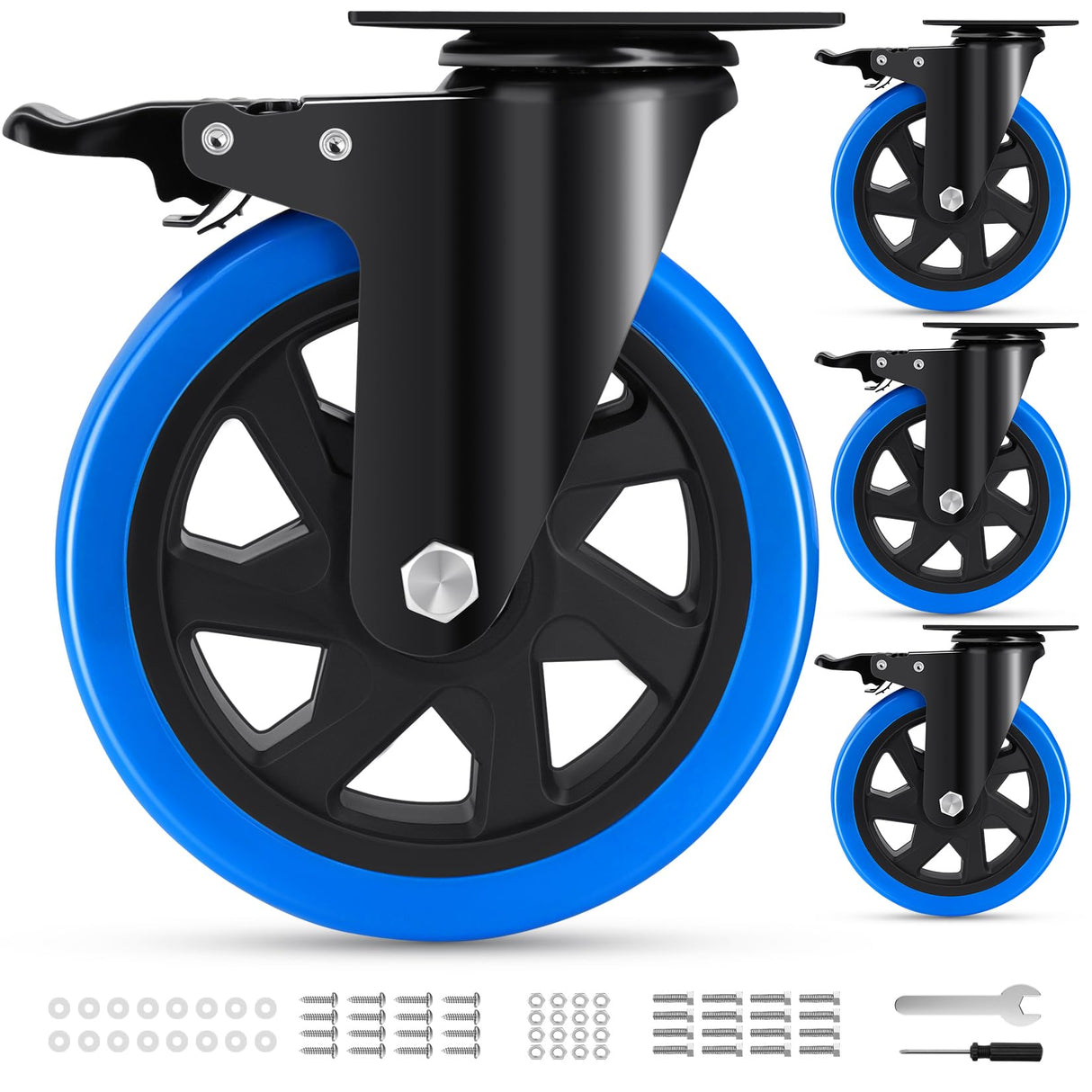 Humagineer 6 Inch Heavy Duty Casters Set of 4, 2600 Lbs Casters, Safety Swivel Casters with Brake, No Noise Top Polyurethane Plate Wheels for Industrial, Furniture, Equipment (Free Hardware Kits) Humagineer