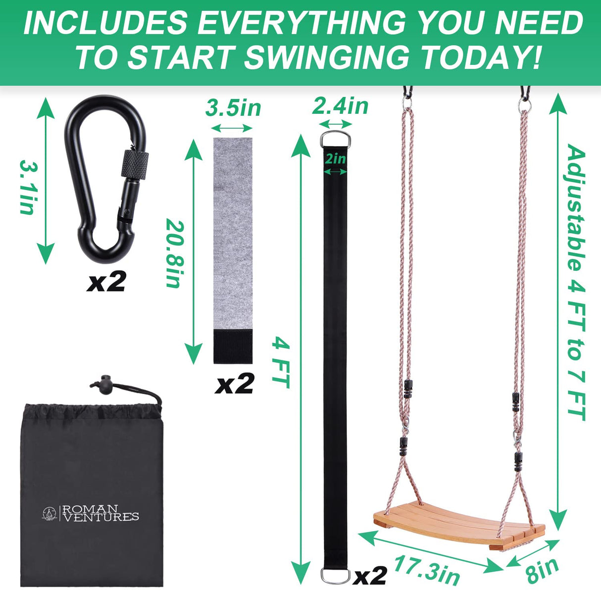 Wooden Tree Swing for Adults and Kids - Curved Wood Tree Swing Seat for Extra Comfort- includes Complete Tree Swing Hanging Kit- Indoor or Outdoor Rope Swing for Trees with Curved Wooden Swing Seat Roman Ventures