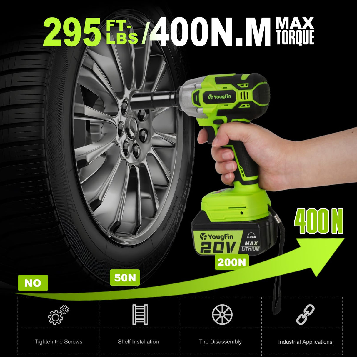 Yougfin Cordless Impact Wrench 1/2 inch for Lug Nuts, 20V Brushless Power Impact Gun Kit 400N.M, 4.0 Ah Battery Powered Impact Driver Heavy Duty, Electric Impact Wrench for Car Home Yougfin