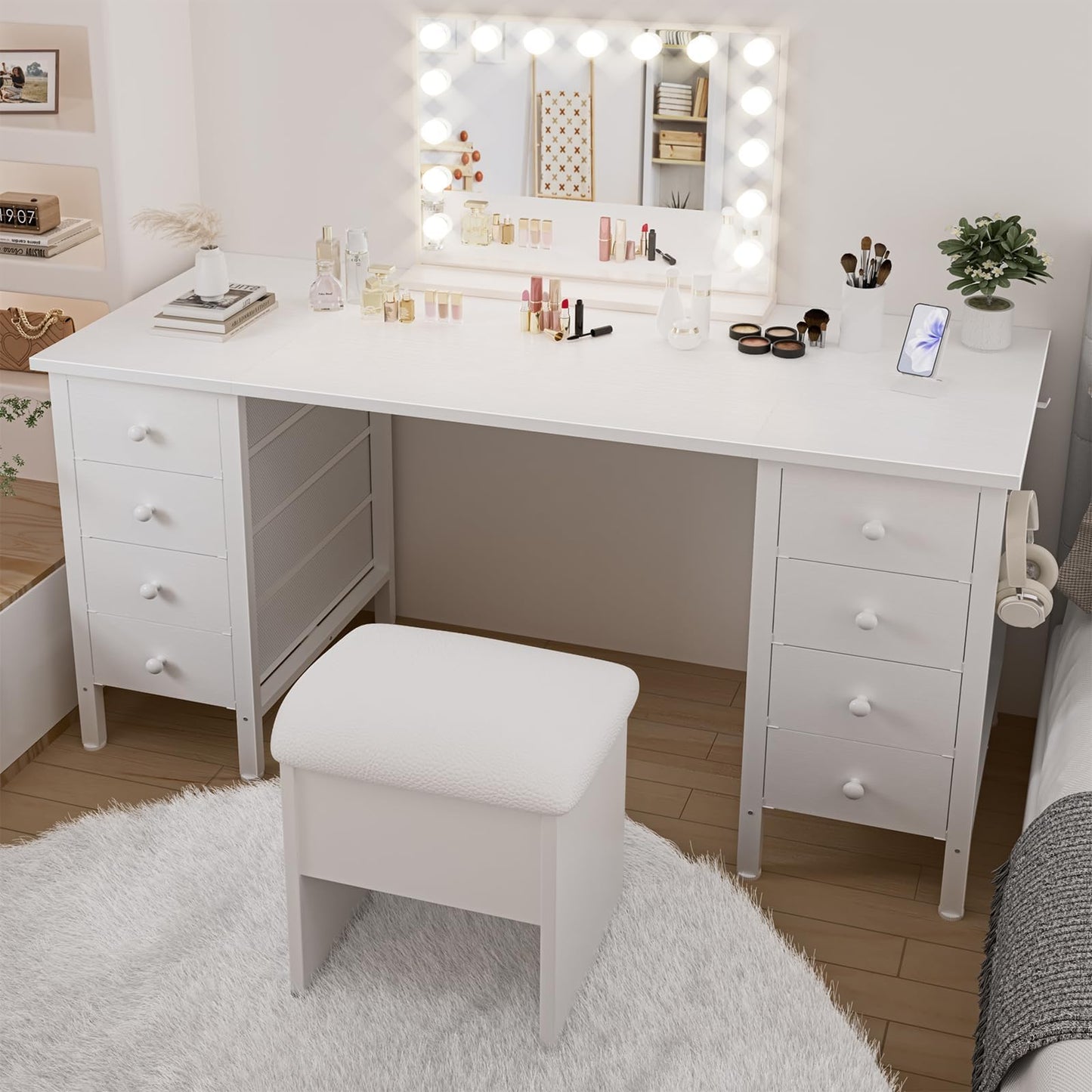 White Computer Desk with Fabric Drawers for Storage, 55 inch Home Office Desk with 8 Fabric Drawers, Writing Study Desk with Drawers on Both Sides for Bedroom