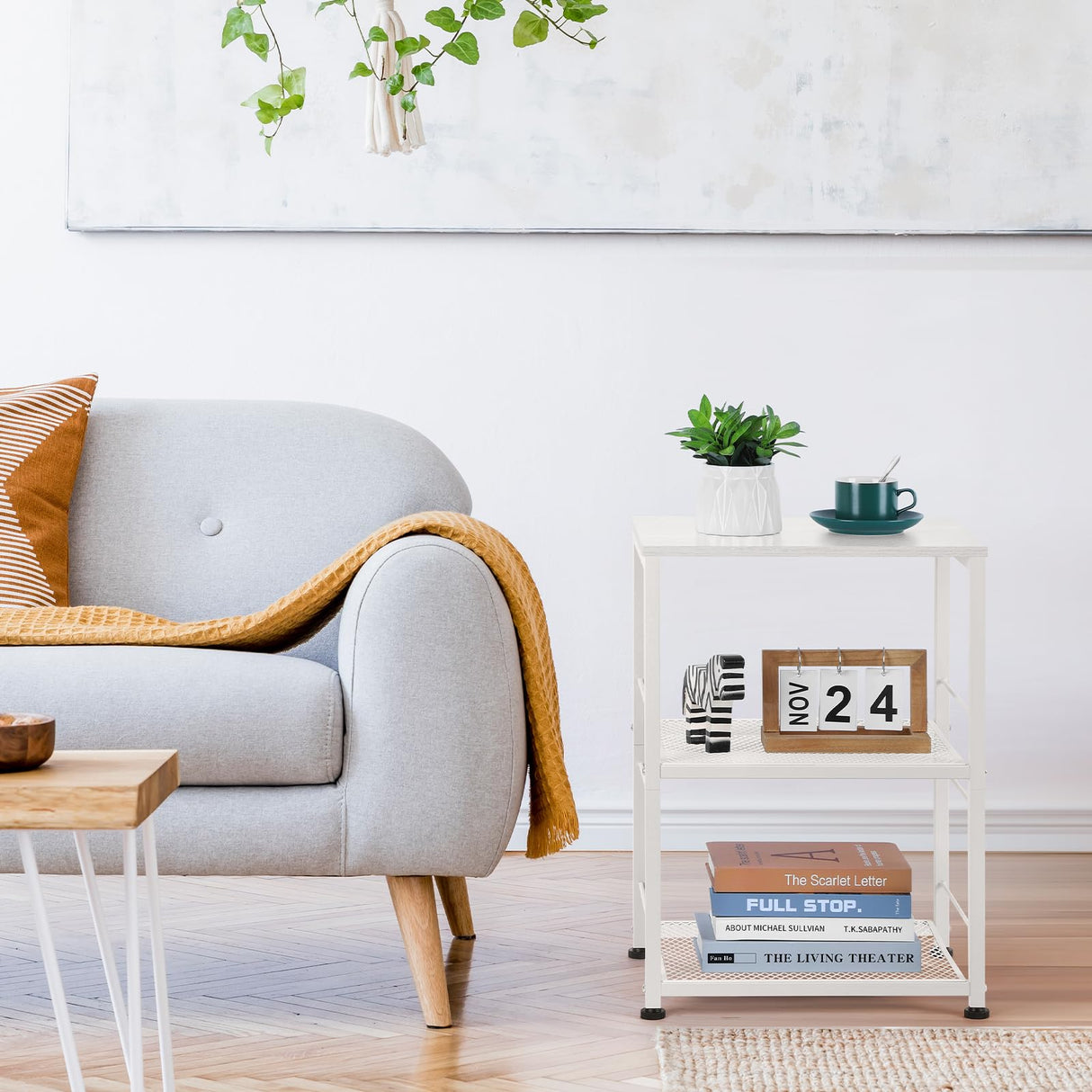 OYEAL End Table, Small Side Table Living Room, White Nightstand with 2-Tier Storage Shelf, Printer Stand Sofa Table for Small Spaces, Living Room, Bedroom, Easy Assembly OYEAL