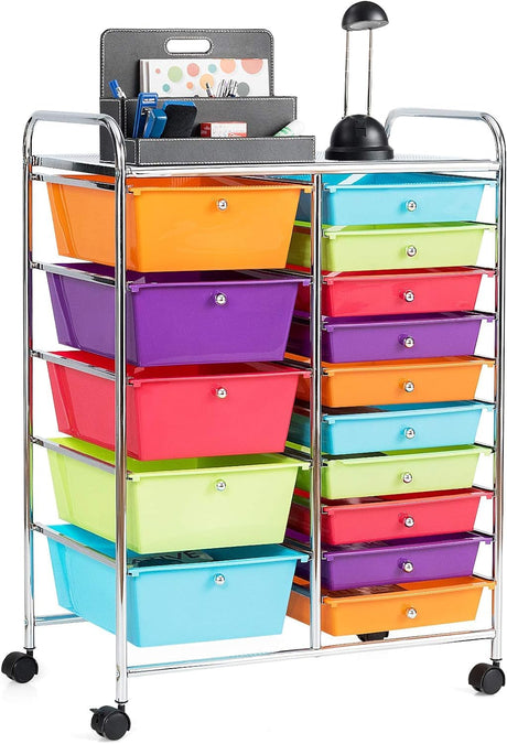 LUARANE Rolling Cart with 15 Drawers, Craft Storage Cart with Portable Handles & Lockable Wheels, Mobile Toys Organizer, Large Capacity Utility Drawer Cart Home Office School Teacher (Multi-colored) LDAILY