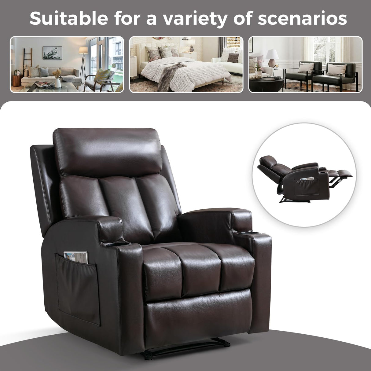 CANMOV Manual Massage Heat Recliner Chair Set of 2,Breathable Leather Recliner Chair with Armrest and Backrest, Manual Reclining Single Sofa with 2 Cup Holders, Side Pocket for Living Room,Dark Brown CANMOV