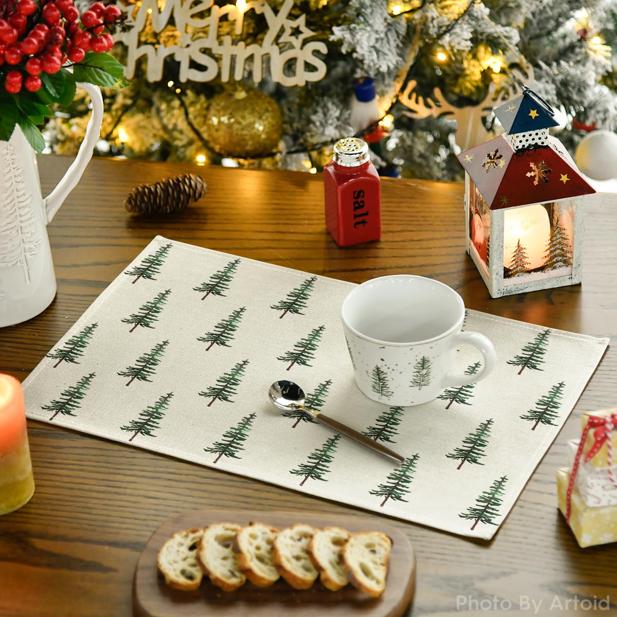 Artoid Mode Green Xmas Pine Christmas Placemats Set of 4, 12x18 Inch Seasonal Christmas Table Mats for Party Kitchen Dining Decoration Artoid Mode