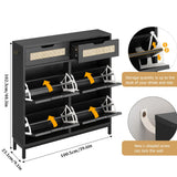 Jocoevol Rattan Shoe Cabinet for Entryway with 4 Flip Drawers & 2 Top Drawers, Freestanding Narrow Shoe Storage Cabinet with Metal Legs for Foyer, Hallway (Black) Jocoevol