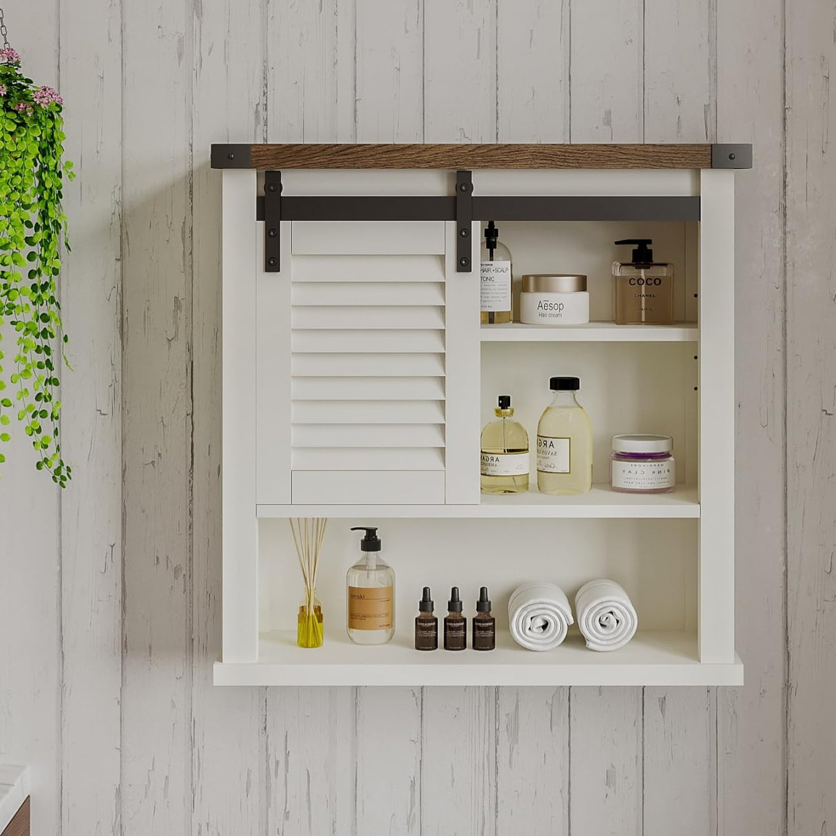 ChooChoo Bathroom Wall Cabinet, Medicine Cabinets for Bathroom with Sliding Barn Door, Decorative Farmhouse Wall Cabinet with Adjustable Shelves Space Saver, Farmhouse White ChooChoo