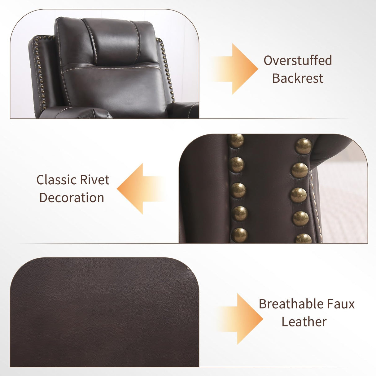 HAOMARKETS Classic Oversized Power Recliner Chair with with Rivets, Breathable Faux Leather Electric Recliner with USB Port, Overstuffed Reclining Sofa for Living Room, Dark Brown HAOMARKETS