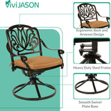 VIVIJASON 5-Piece Outdoor Patio Dining Set, All-Weather Cast Aluminum Conversation Set, Patio Furniture Set for Balcony Lawn Garden, Include 4 Swivel Dining Chairs, a 35.4" Round Table w/Umbrella Hole VIVIJASON