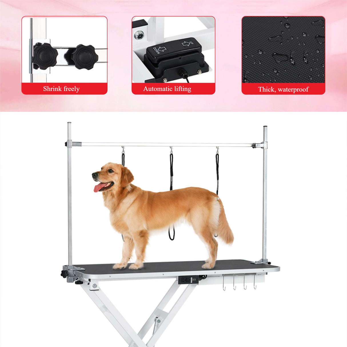 Hydraulic Pet Grooming Table for Large Dogs, Adjustable Height - Electric Dog Grooming Table Trimming/Drying Table w/Arm/Noose Maximum Capacity Up to 264Lb, White Hipicute