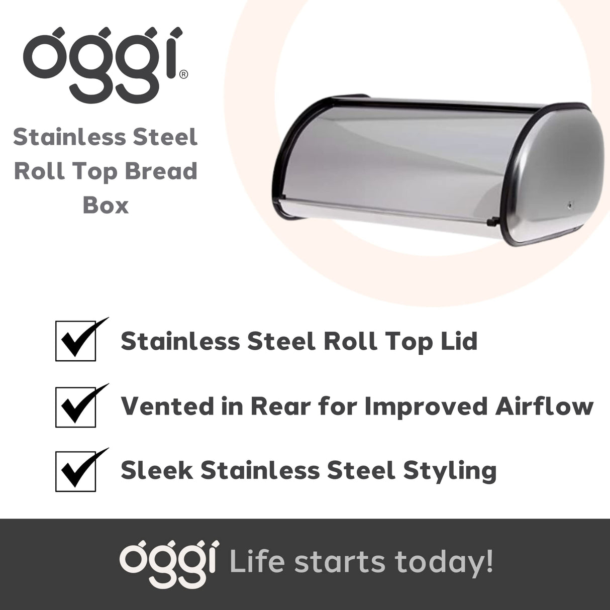 Oggi Stainless Steel Roll Top Bread Box for Kitchen Countertop with Stainless Steel Lid - Fits Multiple Large Loaves of Bread and Other Freshly Baked Goods Including Cookies, Bagels, Muffins Oggi