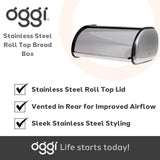 Oggi Stainless Steel Roll Top Bread Box for Kitchen Countertop with Stainless Steel Lid - Fits Multiple Large Loaves of Bread and Other Freshly Baked Goods Including Cookies, Bagels, Muffins Oggi