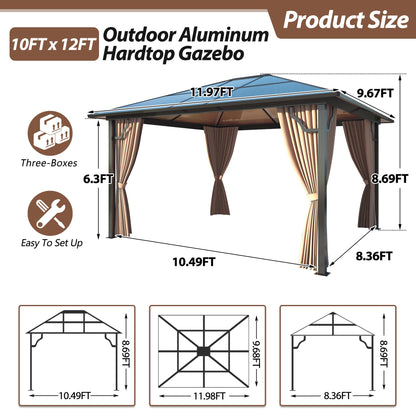 GARTOO 10' x 12' Polycarbonate Hardtop Gazebo - Sunroom Aluminum Frame Permanent Pavilion with Double Curtains for Garden, Lawn, Outdoor Party, Backyard Deck - WoodArtSupply