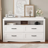 METOTI White Dresser for Bedroom with LED Lights, Farmhouse 4 Drawers Dresser with Open Shelf, Rustic Wood Chest of Storage Organizer Drawers for Living Room, Hallway METOTI