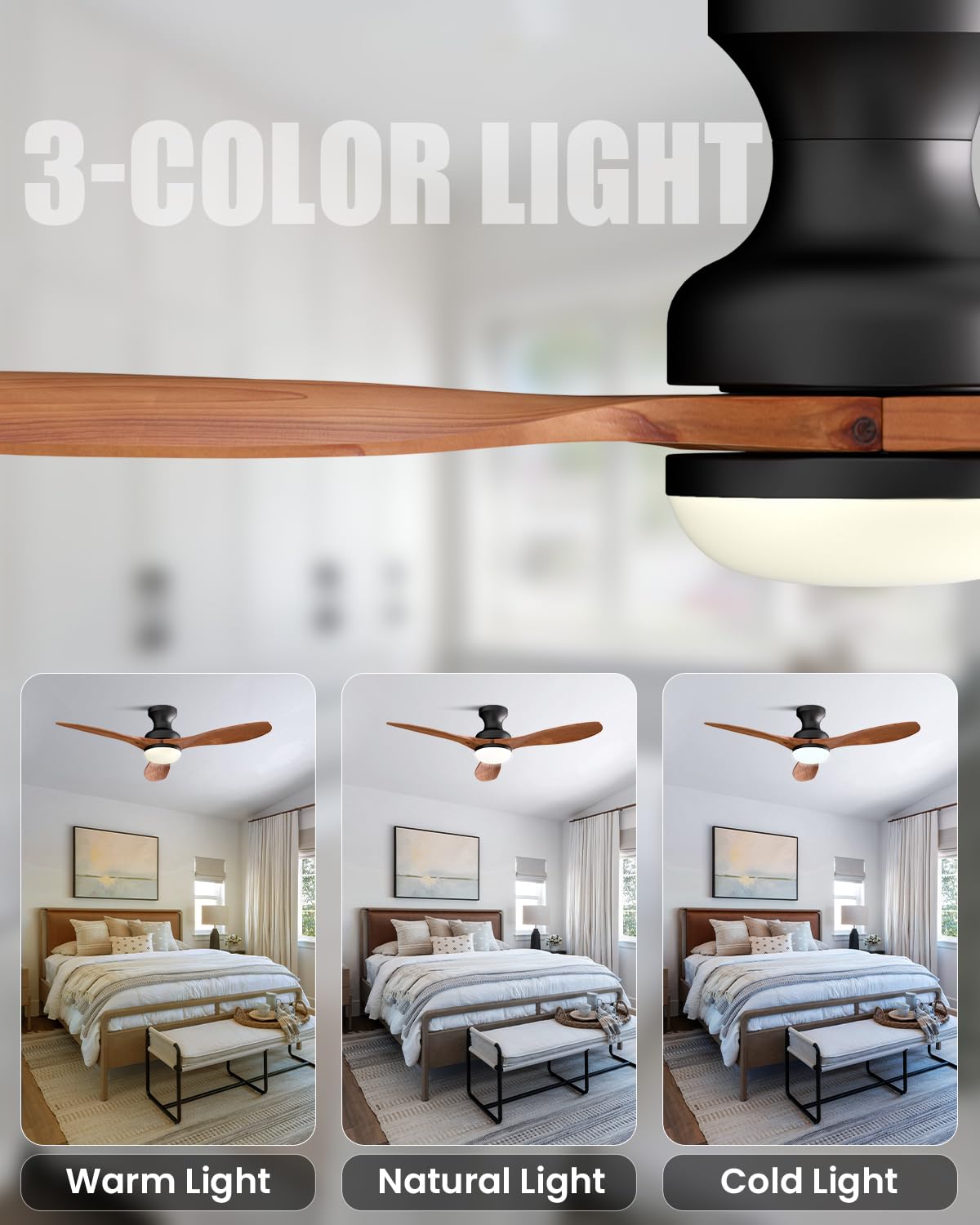 Frstem Leah 52" Flush Mount Solid Wood Ceiling Fan with Light & Remote Control, Low Profile/3 Blades/6-speed/Timer/3 CCT/Quiet DC Motor Ceiling Fan Light Fixture, for Kitchen Bedroom Living Room Frstem