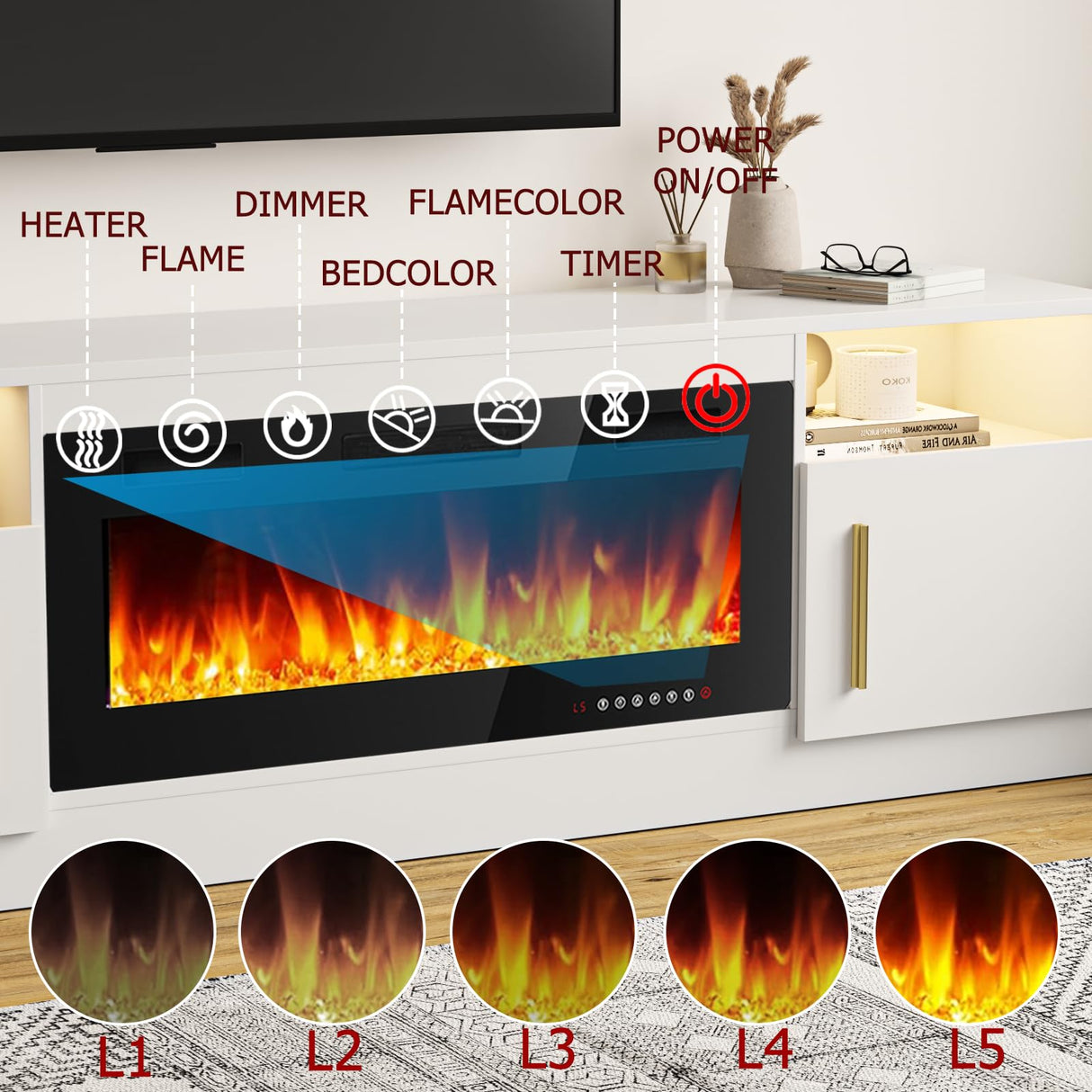 TAVATA Fireplace TV Stand Entertainment Center with 36" Fireplace, 70" Wooden TV Stand for TVs Up to 80",Media TV Console with High Gloss Storage Cabinet and 16 Colors LED Lights (White) TAVATA