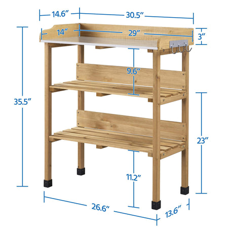 Yaheetech Outdoor Garden Potting Bench Table Wooden Horticulture Planting Worstation w/Metal Tabletop/Storage Shelf/3 Hooks, Natural Wood Yaheetech