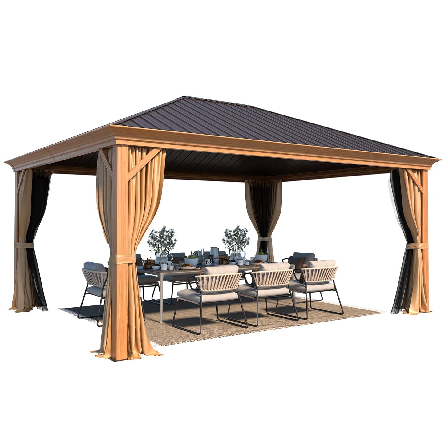 YOLENY 12' x 16' Hardtop Gazebo Metal Gazebo with Faux Wood Grain Aluminum Frame, Galvanized Steel Single Roof, Outdoor Patio Gazebo Pergolas with Netting and Curtains for Backyard, Patio, La - WoodArtSupply