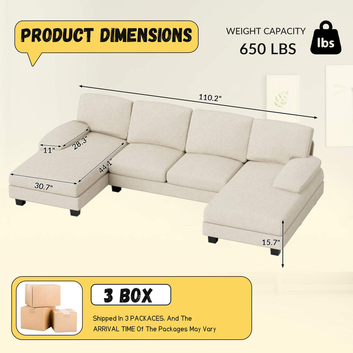 JUMMICO Sectional Couches for Living Room, U Shaped Couch with Chenille Fabric, 4 Seat Modern Sofa with Removable Pillows for Apartment and Small Space (Corduroy, Beige) JUMMICO