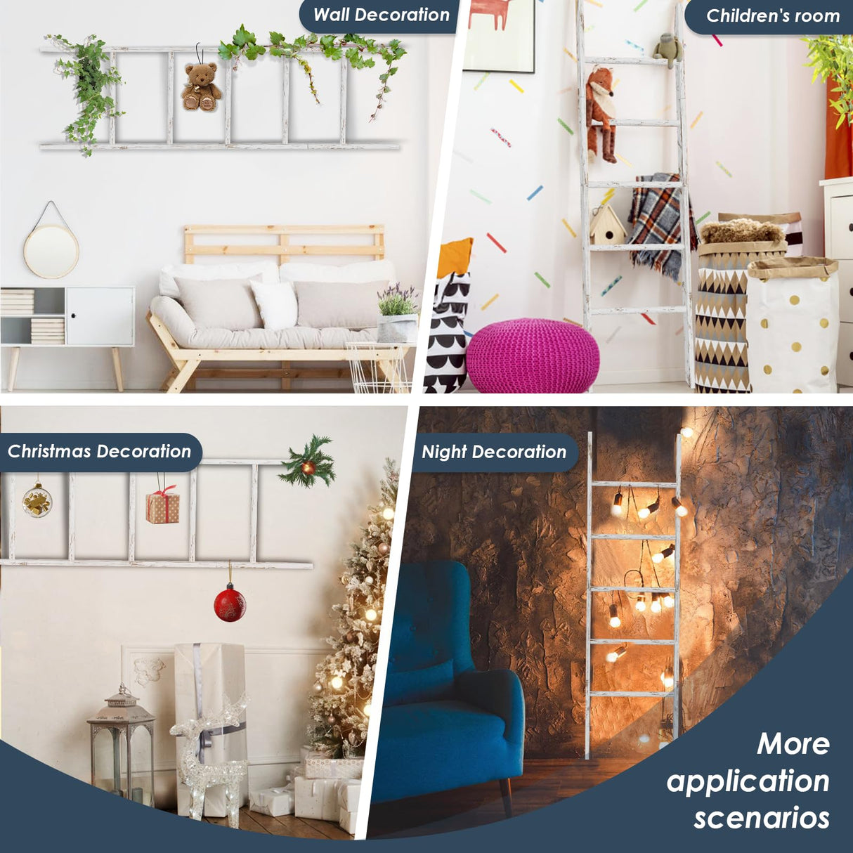 5-Tier Blanket Ladder Wooden, 5.3FT(63'') Blanket Quilt Holder Rack Decorative Ladder, Easy Assembly, Rustic Farmhouse Ladder Shelf for The Living Room Bedroom Bathroom Home Decor, White Wash Delywh