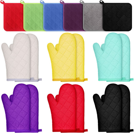 Zubebe 12 Pcs Oven Mitts and Pot Holders Multicolor Sets 6 Pair Blank Sublimation Heat Resistant Cotton Oven Gloves Kitchen Gloves 6 Terry Cloth Pot Holders Oven Hot Pads for Cooking Baking Grilling Zubebe