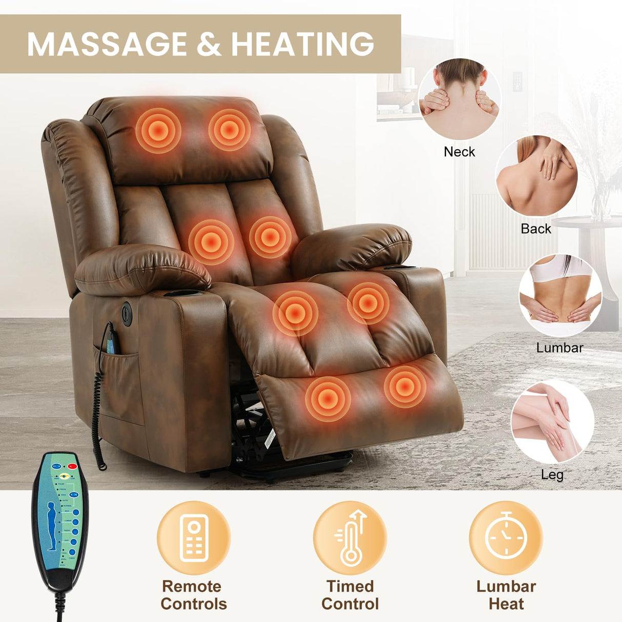 COOSLEEP Power Lift Recliner Chair for Elderly with Massage and Heat, Breathable Leather Recliner Chair for Adults, 2 Cup Holders, USB Ports, Electric Support of Metal,Remote(Light Brown) COOSLEEP HOME