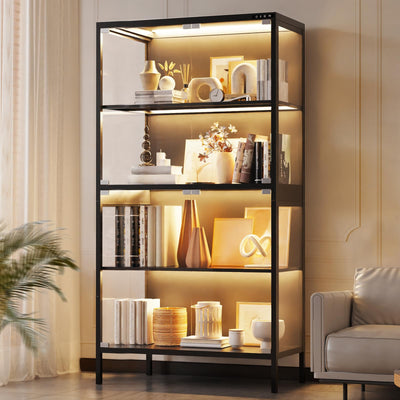 XCXVVB Display Cabinet,Display Case with Glass Doors,4-Tier Curio Cabinet with 5 Color LED Hights,Heavy Duty Free-Standing Bookcase for Exhibition Hall,Living Room