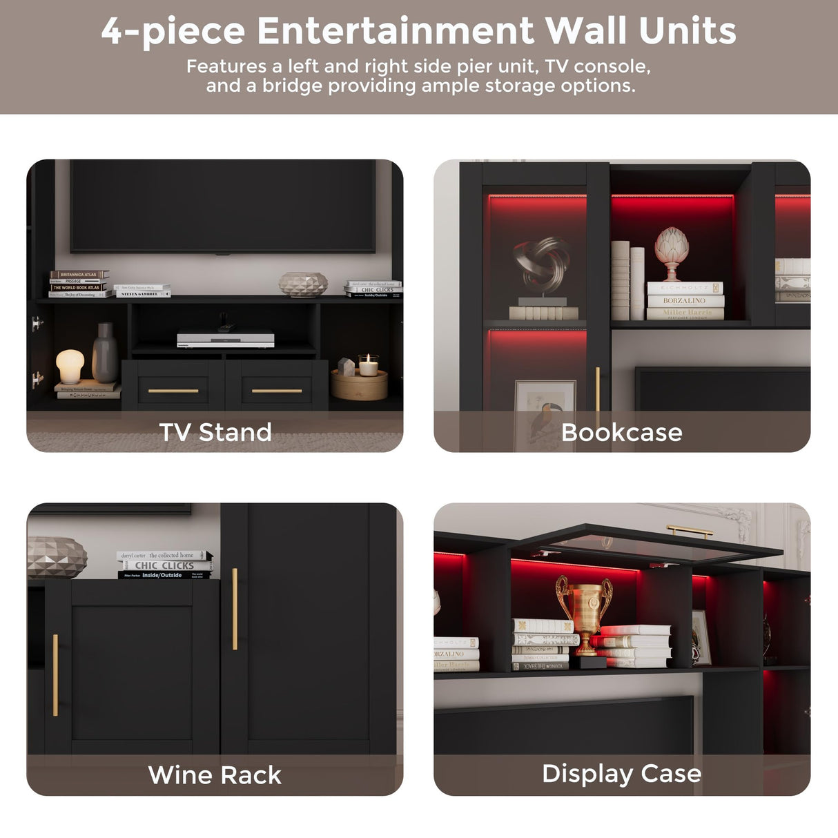 Bobve 94" Wall Unit Entertainment Center for TVs up to 70", Modern TV Console with LED Lights, Multifunctional TV Stand with Tempered Glass Door, Drawers & Shelves for Living Room, Black Bobve