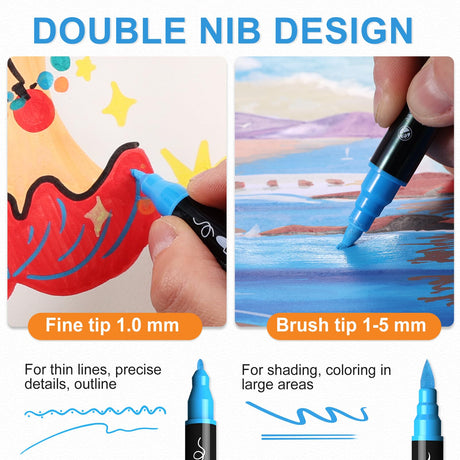 TOSHARE 30 Colors Acrylic Paint Markers, Waterproof Dual Tip Acrylic Paint Pens with Brush and Fine Tip, Markers Set for Paper, Rock, Wood, Canvas, Glass, Ceramic and DIY Crafts Making Art Supplies TOSHARE