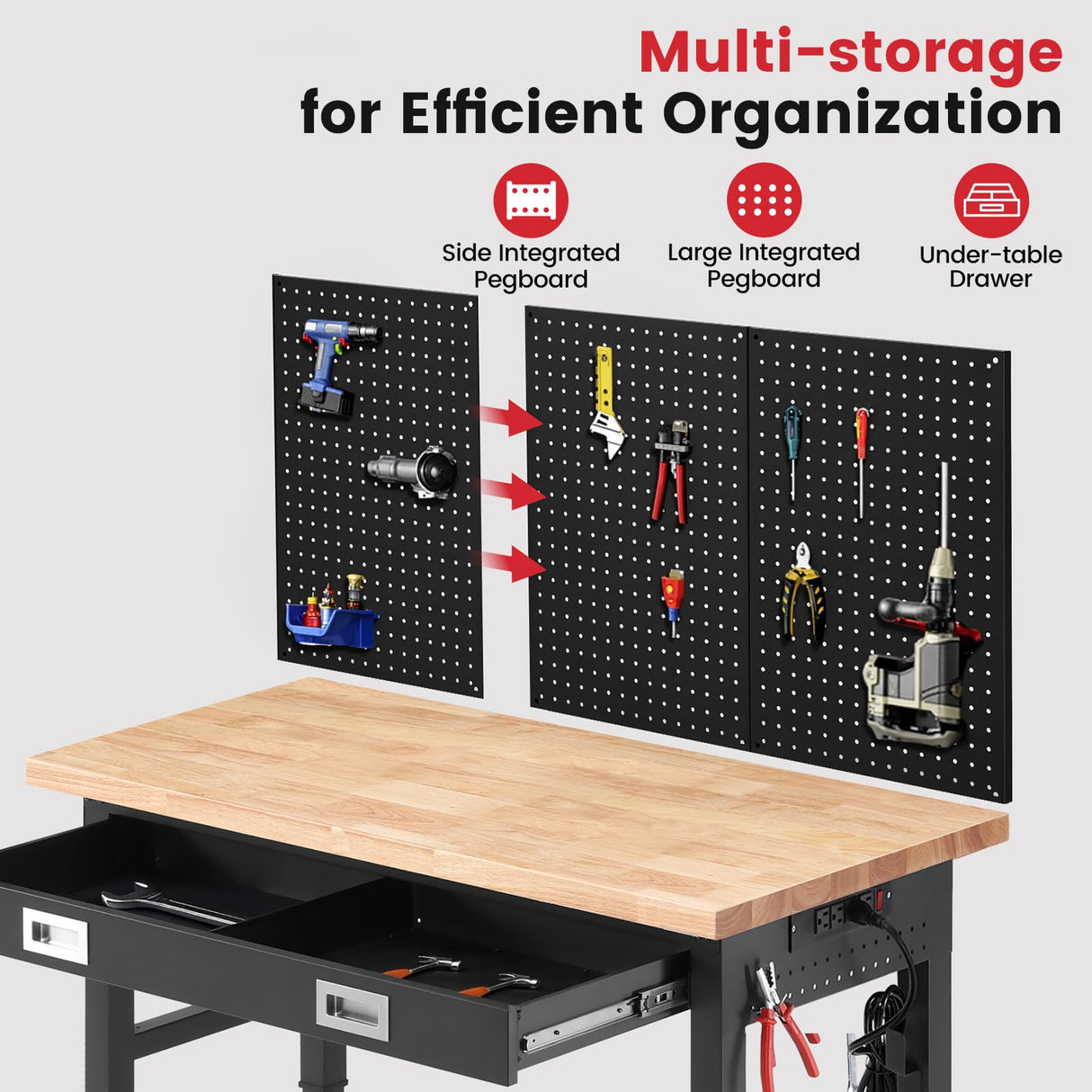 ENJOYWOOD Workbench for Garage with Drawers 48 x 24 Inch Rubberwood Tabletop Work Table with Pegboard, Power Outlets Adjustable Height Work Bench for Woodworking Shop, Home, Office ENJOYWOOD