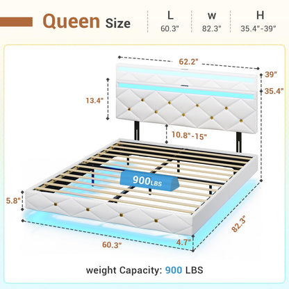 Hasuit Modern Floating Queen Bed Frame with LED Lights and Charging Station - WoodArtSupply