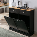 Double Trash Cabinet Tilt Out 20 Gallon, Pet Proof Kitchen Trash Cabinet Laundry Hamper with Cutting Board, Wood Garbage Recycling Station Hideaway Trash Holder Drawers (Black) Gitua