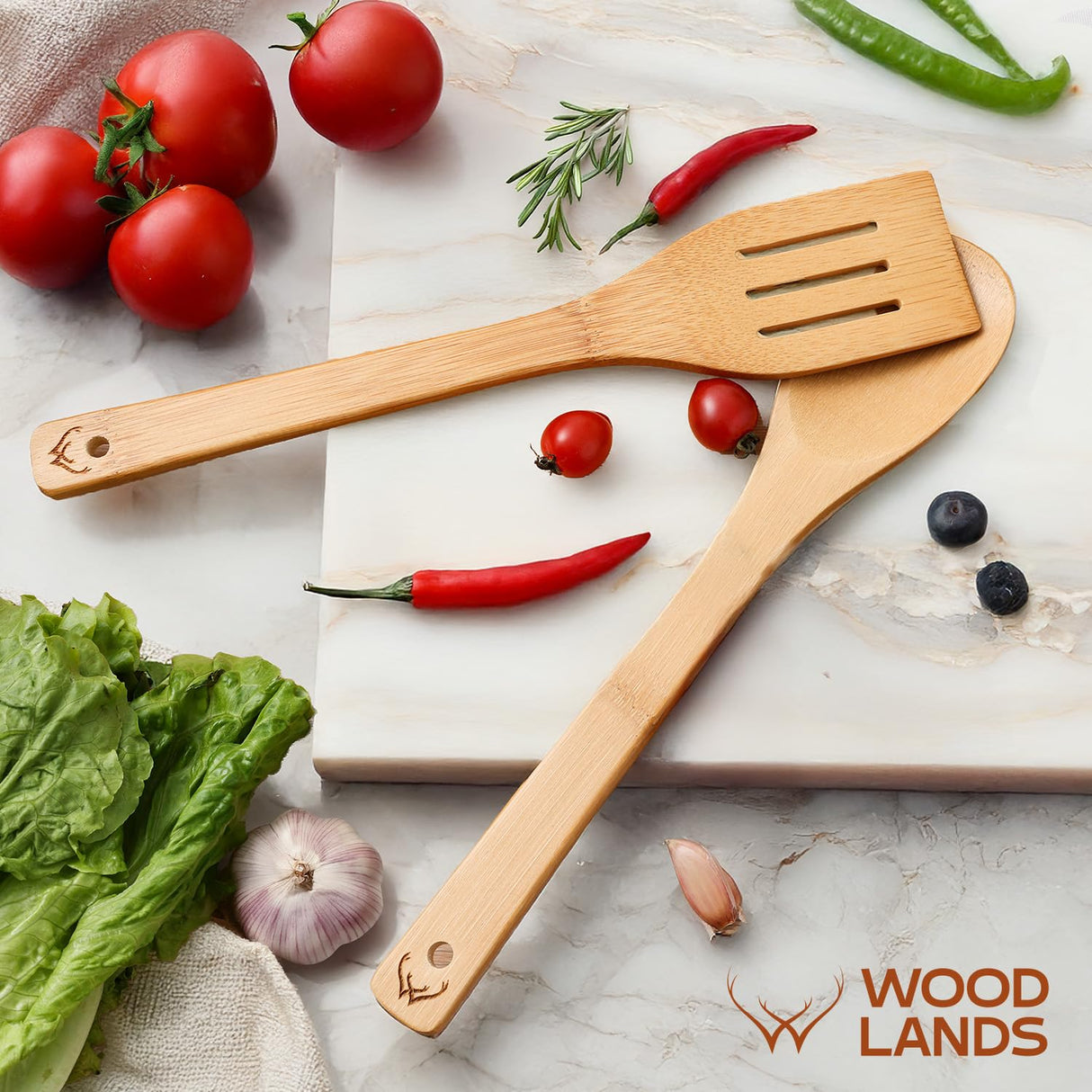 Woodlands-USA Wooden Spoons for Cooking - 6-Piece Wooden Kitchen Utensil Set - Natural Material Bamboo Spatula & wooden cooking utensils - Wooden Spatulas & Wooden Spoons Cooking Tools Set WOODLANDS USA
