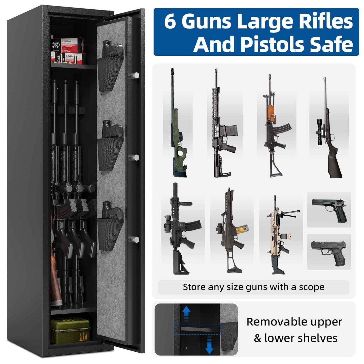 KAER 6 Gun Safe for Rifles and Pistols, Large Gunsafe Cabinet Rifle Safe Assembled Gun Safes for Home Rifles and Shotguns with Upgraded Digital Keypad Key Lock LED Light Removable Shelves Gun Racks