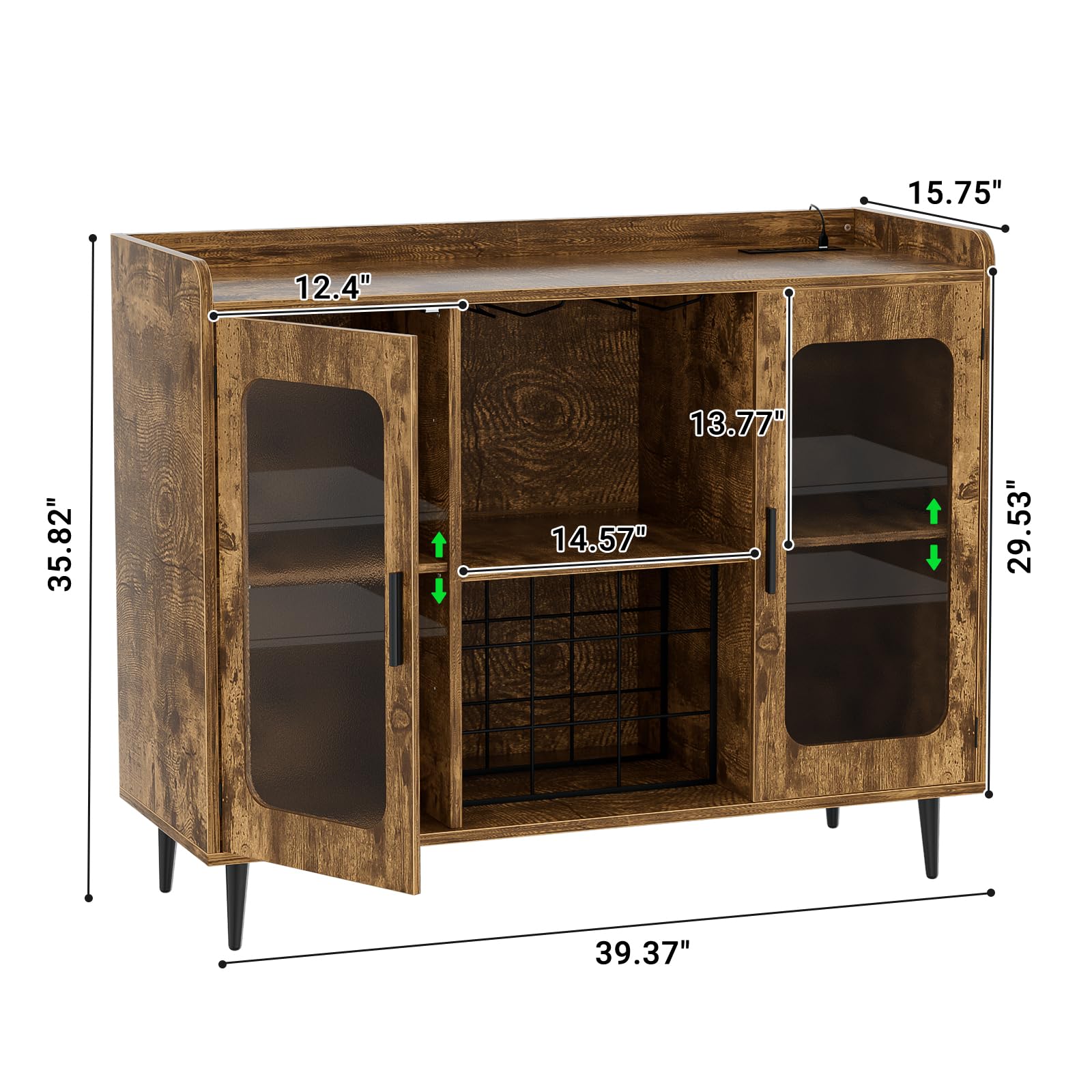 Hyomdeck Rustic Brown Liquor Cabinet with LED Lighting, Power Outlet & Versatile Storage Solutions - WoodArtSupply