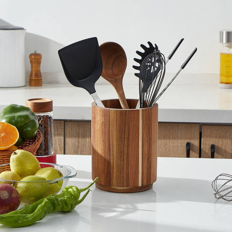 LOHONER Acacia Wood Utensil Holder for Kitchen Counter, 360° Rotating 7.2" Large Cooking Utensil Holder, Kitchen Utensil Storage Organizer for Countertops, Farmhouse Kitchen Decor LOHONER