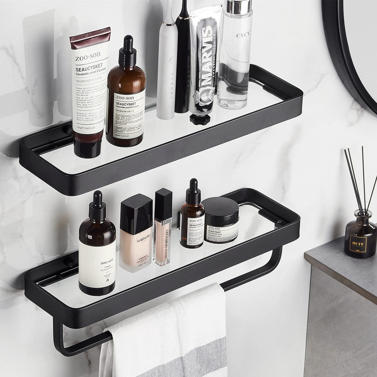 VOLPONE Bathroom Shelves Wall Mounted Glass Shelf for Floating Shelf Tempered Glass Shelves 2 Tier Bathroom Wall Organizer(Black) VOLPONE