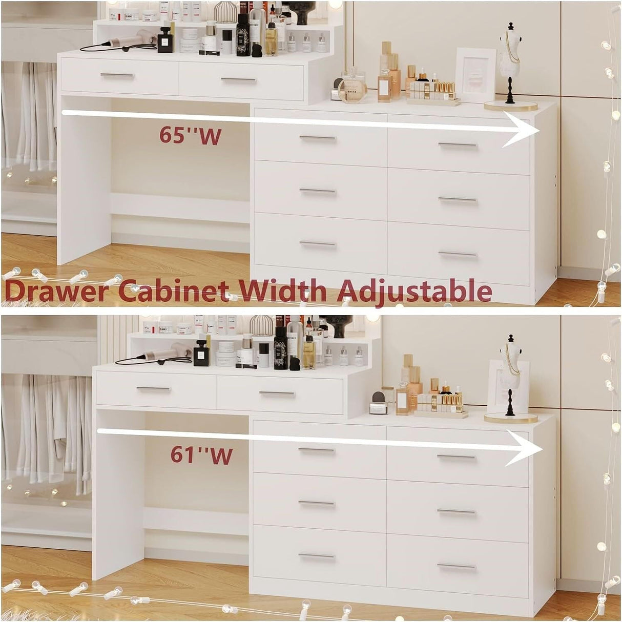 Irontar Vanity Desk with Large Mirror and 3-Color Lights, Makeup Vanity with 8 Drawers & Open Shelf, Side Cabinet with Width Adjustable, Makeup Table for Women, White WDT007W Irontar