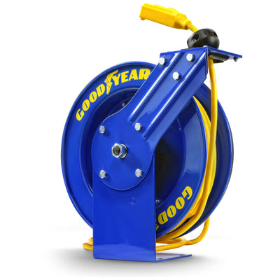 Goodyear Extension Cord Reel Retractable 14AWG x 100' Feet 3C SJTOW Cable Triple Tap Connector Power Rating 125 Volt AC 13 Amp 1625 Watt Industrial Steel Single Arm