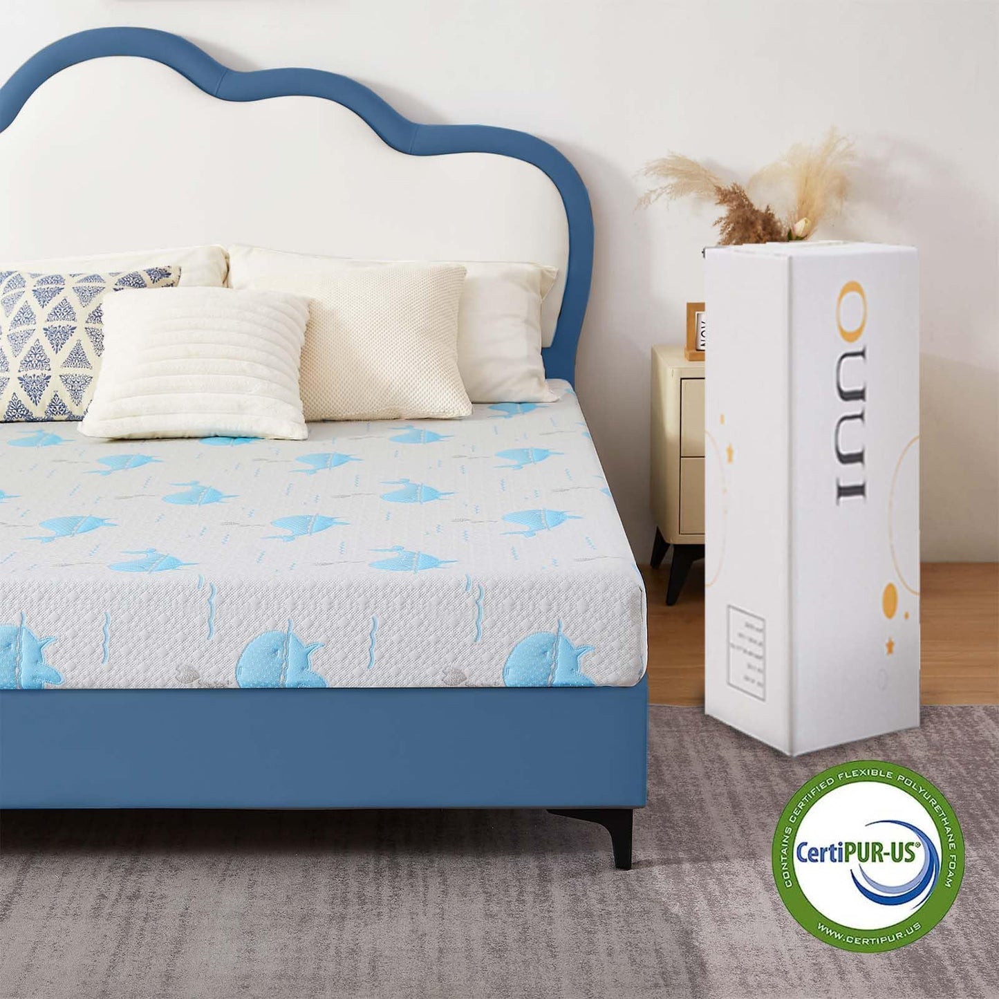 OUUI 6 Inch Full Mattress, Removable Washable Cover with Whales Pattern Cooling Memory Foam Medium Feel, Bed-in-a-Box, CertiPUR-US Certified, White/Blue