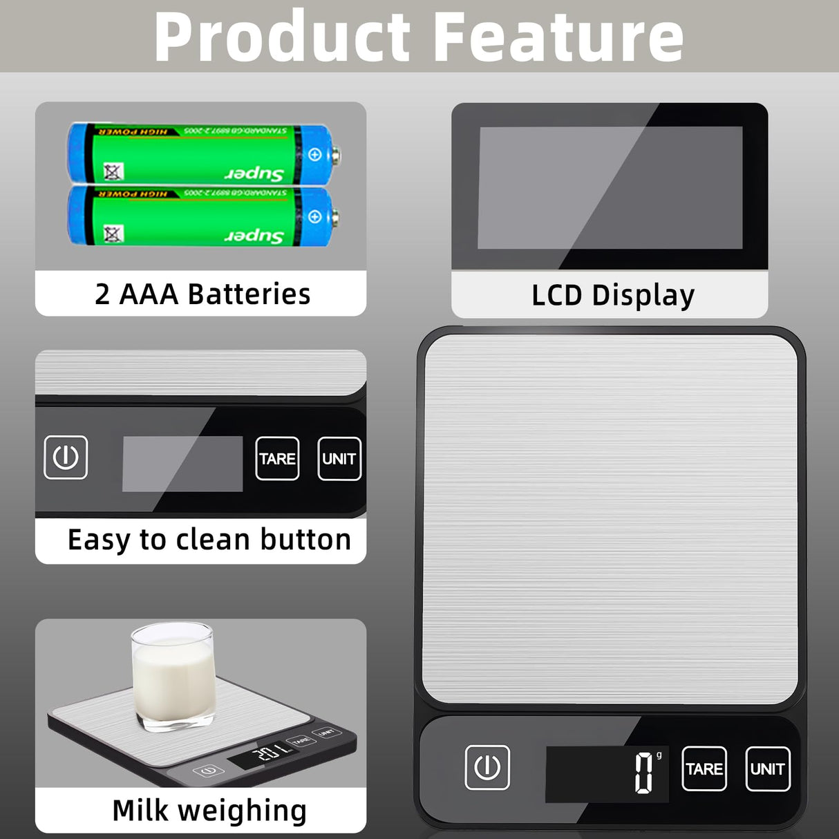 YONCON Food Scale – 10kg/22lb Digital Kitchen Scale with Precision Weighing, Perfect for Baking, Cooking, Meal Prep & Weight Loss, LCD Display, Easy-Clean Stainless Steel, Tare & Unit Conversion Yoncon