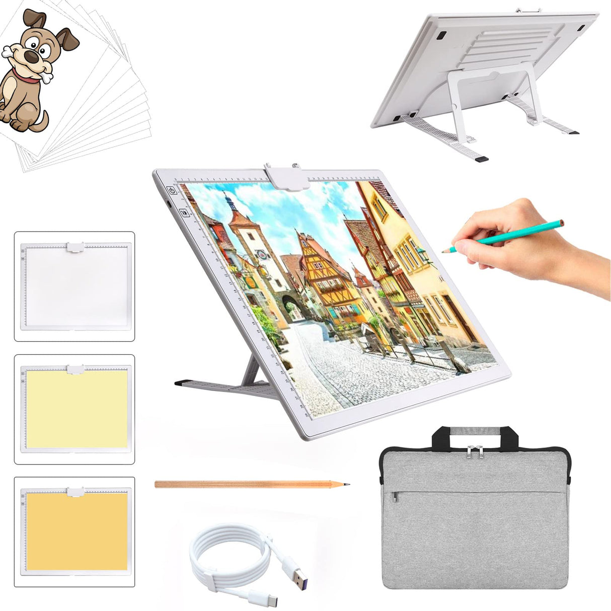 A3 Rechargeable Light Pad with Case, TOHETO 2500mAh Battery Powered Light Board with Stand and Top Magnetic Clip 3 Colors Stepless Dimmable 6 Levels Brightness Light Box for Diamond Painting (White) TOHETO