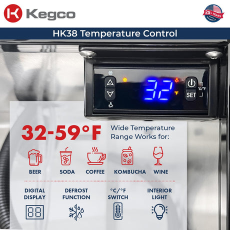 Kegco Kegerator 24" Wide Dual Tap Black/Stainless Steel Undercounter Beer Dispenser HK38BSU-2 Kegco
