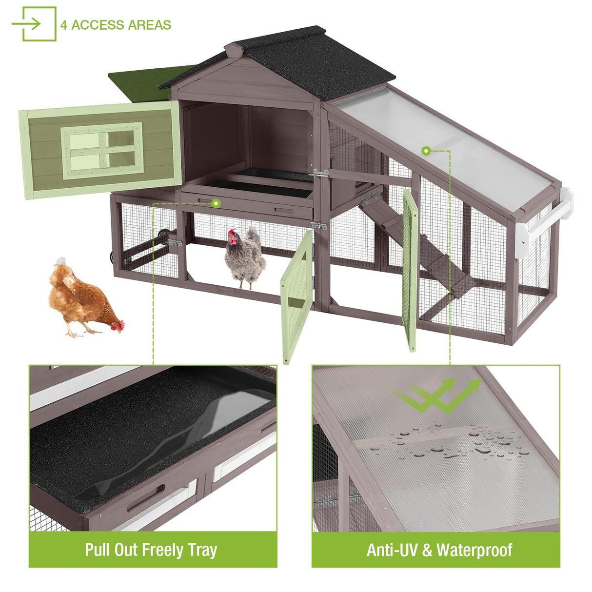 GUTINNEEN Chicken Coop Mobile Hen House Wooden with Run Poultry Cage with Nesting Box,Field Grey GUTINNEEN