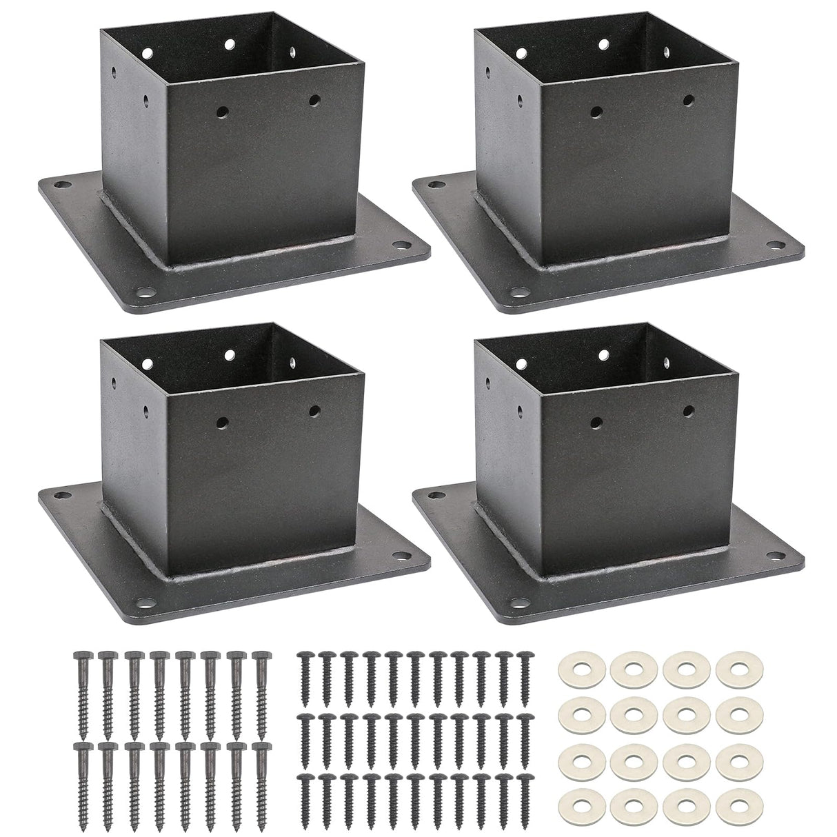 Voittozege 4 Pcs 4x4 Post Bracket Anchor Base, Deck Post Brackets Heavy Duty Wood Post Support Kit Black Powder Coated Heavy Fence Post for Wood Fence, Deck, Pergola and Mailbox Support Brackets Voittozege