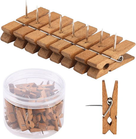 50 PCS Push Pin with Wooden Clips, Durable Wooden Push Pins, Decorative Pushpins Tacks Thumbtacks, Tacks for Cork Board Artworks Notes Photos, Craft Projects, Offices and Homes Joyberg