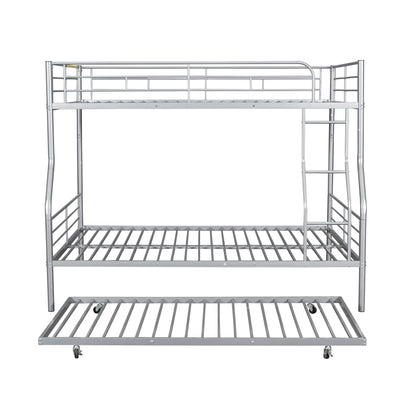 Harper & Bright Designs Full XL Over Queen Metal Bunk Bed with Trundle, Ladder & High Guardrail, Able to Split, Noise Free, Heavy-Duty Steel Loft Bed Frame with Safety Rail for Bedroom, Dorm (Silver)