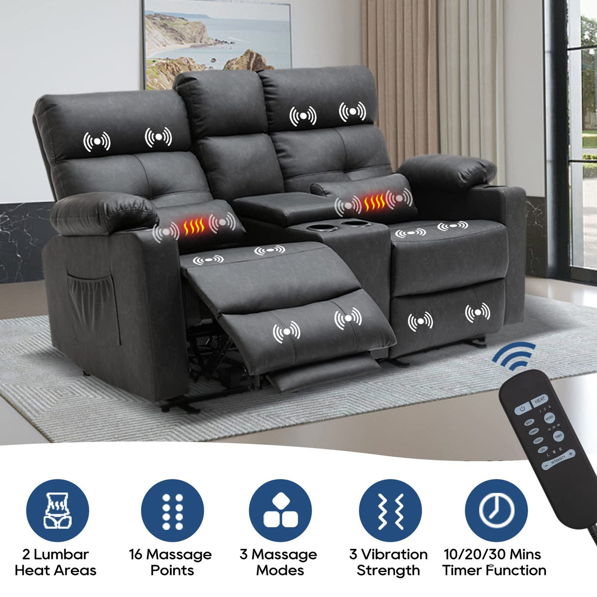 RIHEREFY 68'' RV Power Loveseat Sofa Recliner | Wall Hugger Loveseat | Double Reclining Sofa with Cup Holder | Recliner with Heat and Massage | Theater Seating(PU, Black-Gray) RIHEREFY